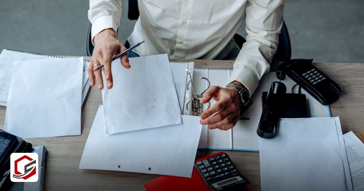 Documents Required for a UAE Free Zone Company - a business professional organizing documents at a busy office desk
